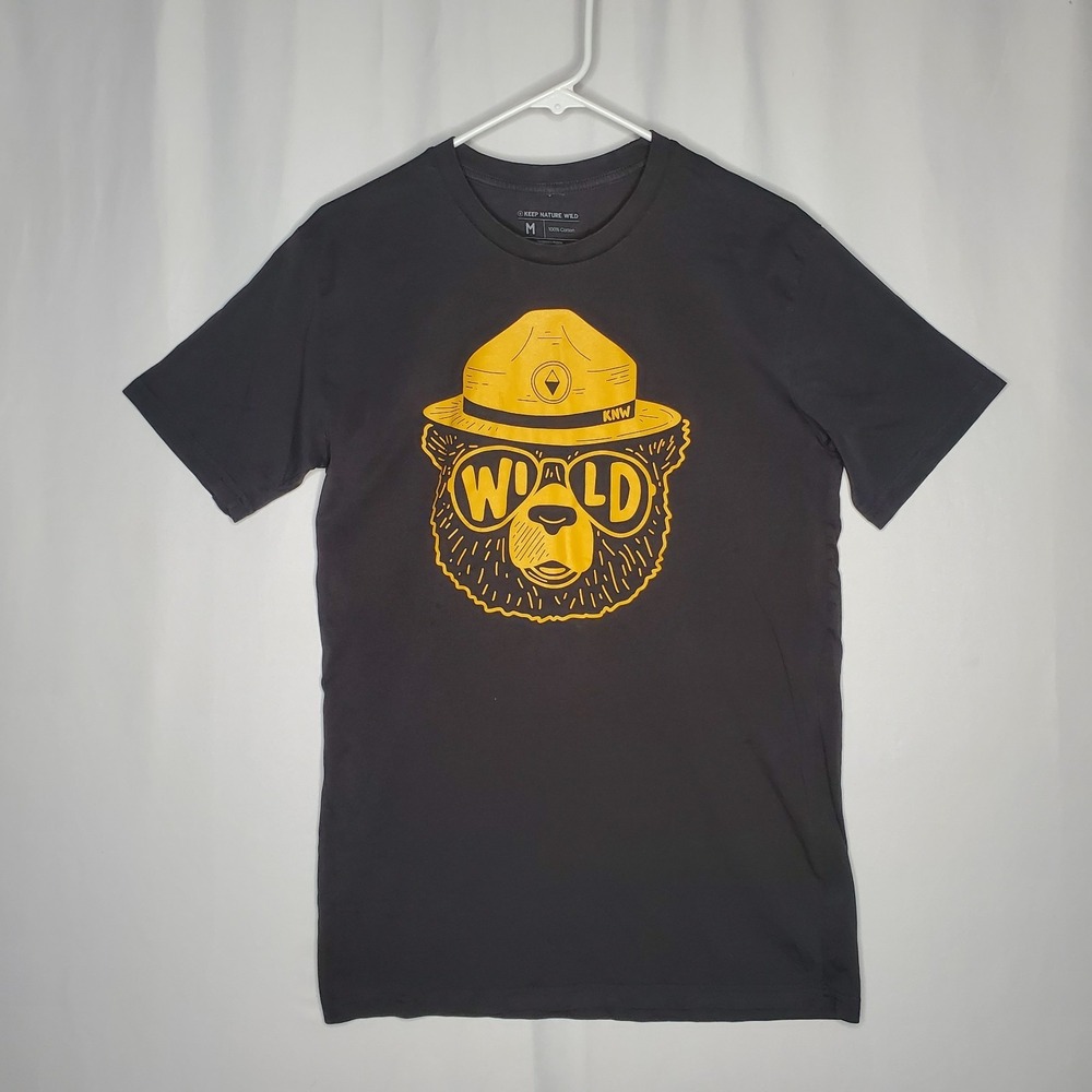 Keep Nature Wild Wildfire Bear Graphic Tshirt Womens Medium Cotton Gray‎ Yellow